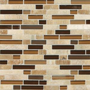 Daltile Stone Radiance Caramel Travertino 11-3/4 in. x 12-1/2 in. x 8 mm Glass and Stone Mosaic Blend Wall Tile