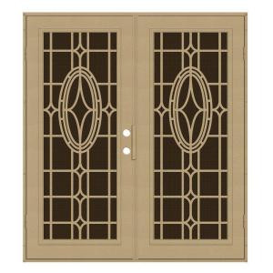 Unique Home Designs Modern Cross 60 in. x 80 in. Desert Sand Left-Hand Surface Mount Aluminum Security Door with Brown Perforated Screen