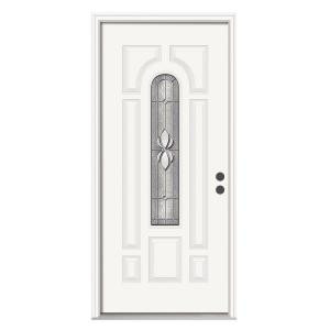 JELD-WEN Langford Center-Arch Primed White Steel Entry Door with Nickel Caming and Brickmold