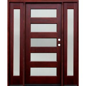 Pacific Entries Contemporary 36 in. x 80 in. 5 Lite Reed Stained Mahogany Wood Entry Door with 14 in. Sidelites