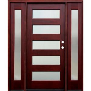 Pacific Entries Contemporary 36 in. x 80 in. 5 Lite Mistlite Stained Mahogany Wood Entry Door with 6 in. Wall Series, 14 in. Sidelites