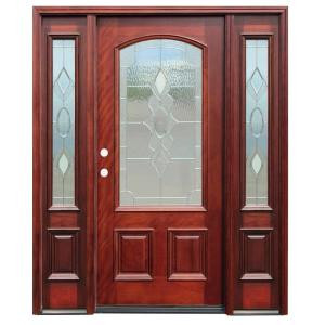 Pacific Entries Strathmore Traditional 3/4 Arch Lite Stained Mahogany Wood Entry Door with 6 in. Wall Series and 14 in. Sidelites