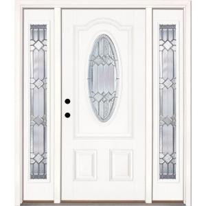 Feather River Doors Mission Pointe Zinc 3/4 Oval Lite Prime Smooth Fiberglass Entry Door with Sidelites