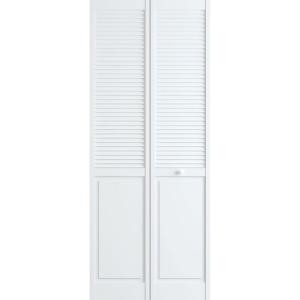 Frameport 24 in. x 80 in. Louver/Panel Pine White Interior Bi-fold Closet Door