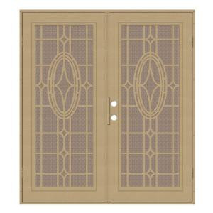 Unique Home Designs Modern Cross 60 in. x 80 in. Desert Sand Right-Hand Recess Mount Security Door with Desert Sand Perforated Screen