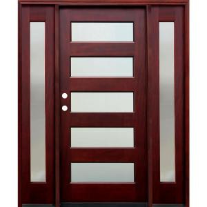 Pacific Entries Contemporary 36 in. x 80 in. 5 Lite Mistlite Stained Mahogany Wood Entry Door with 14 in. Sidelites