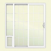 JELD-WEN 72 in. x 80 in. White Left Hand Vinyl Patio Door with Low-E Argon Glass, Grids and Large Pet Door
