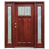 Pacific Entries Diablo Craftsman 1 Lite Stained Mahogany Wood Entry Door with Dentil Shelf 6 in. Wall Series and 14 in. Sidelites