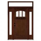 Steves & Sons Craftsman 3 Lite Arch Stained Mahogany Wood Right-Hand Entry Door with Sidelites and Transom 6 in. Wall