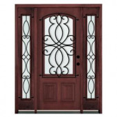 Steves & Sons Decorative Iron Grille 3/4 Arch Lite Stained Mahogany Wood Left-Hand Entry Door with 12 in. Sidelites
